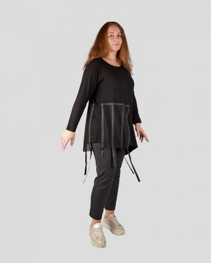 Γυναικεία μακριά μπλούζα με μακριές λωρίδες υφάσματος χυτή πολύ άνετη με συνδυασμό σχημάτων και υφασμάτων