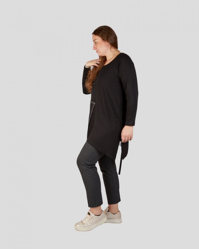 Γυναικεία μακριά μπλούζα με μακριές λωρίδες κρόσια υφάσματος χυτή πολύ άνετη με συνδυασμό σχημάτων και υφασμάτων
