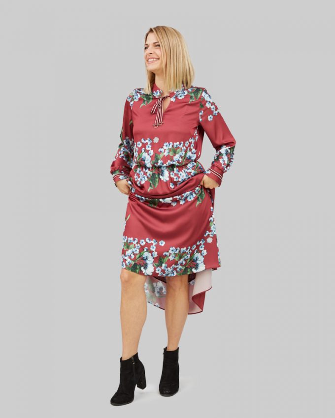 Midi γυναικείο μακρυμάνικο φόρεμα μακρύ με λάστιχο στη μέση σε μπορντό χρώμα με σχέδιο λουλούδια αέρινο σε φαρδιά γραμμή