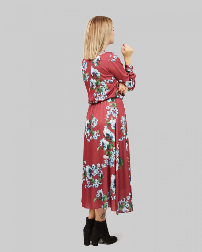 Midi γυναικείο μακρυμάνικο φόρεμα μακρύ με λάστιχο στη μέση σε μπορντό χρώμα με σχέδιο λουλούδια αέρινο σε φαρδιά γραμμή