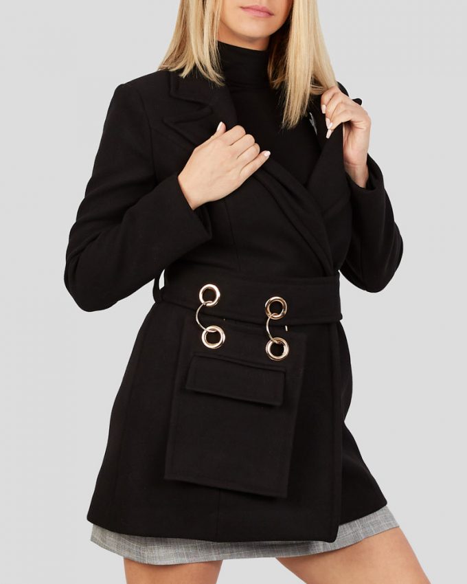 Μεσάτο γυναικείο παλτό με τσαντάκι στη ζώνη και μακριά μανίκια πολύ πρακτικό και άνετο σε μαύρο χρώμα