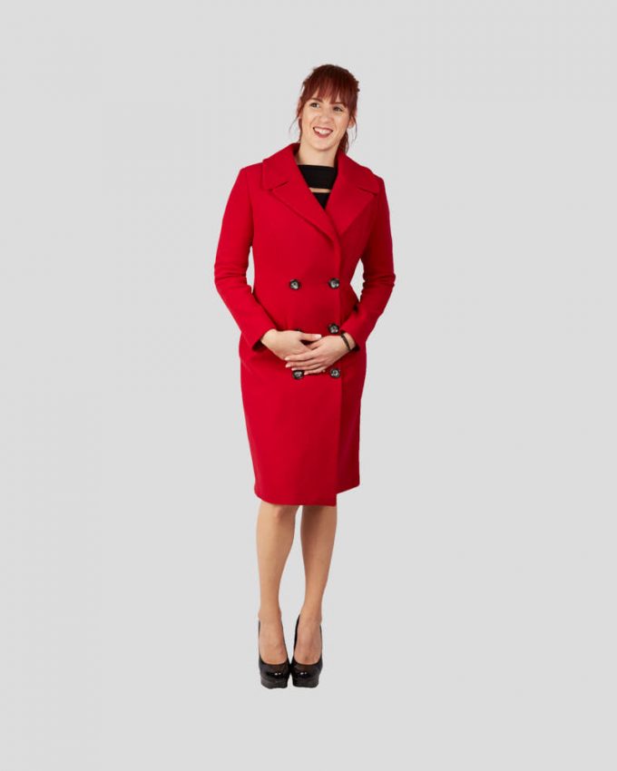 Σταυρωτό γυναικείο παλτό μέχρι το γόνατο με κουμπιά και διπλά κουμπιά σε κόκκινο χρώμα και χαμηλό γιακά
