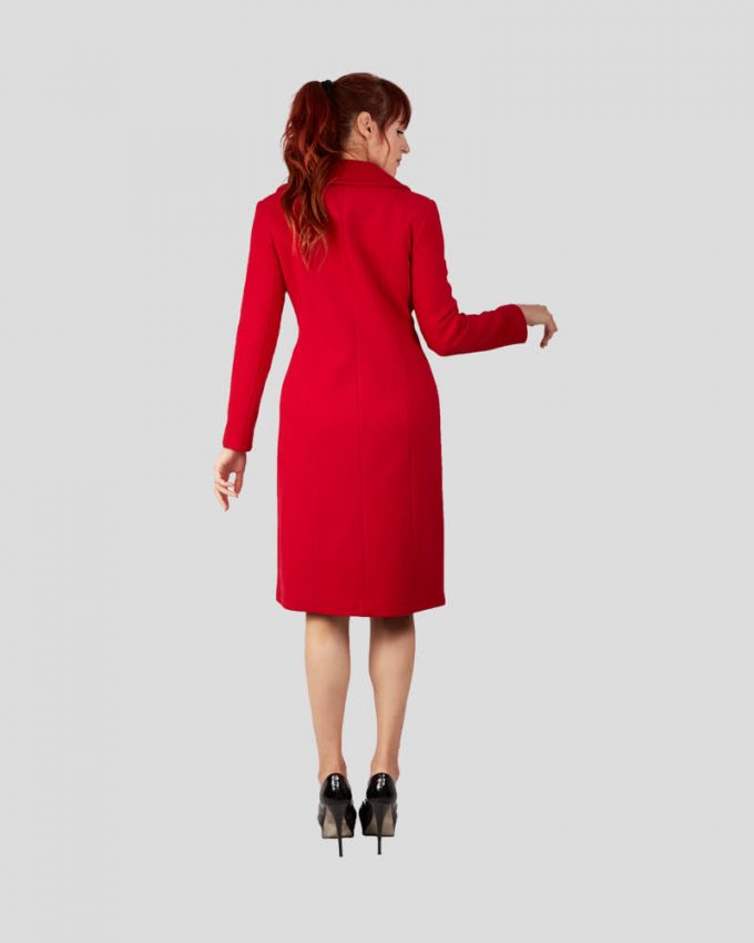 Σταυρωτό γυναικείο παλτό μέχρι το γόνατο με κουμπιά και διπλά κουμπιά σε κόκκινο χρώμα και χαμηλό γιακά