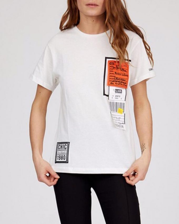 Γυναικείο βαμβακερό κοντομάνικο μπολουζάκι T-shirt πολύ άνετο με σχέδιο πολύχρωμες στάμπες σε άσπρο χρώμα