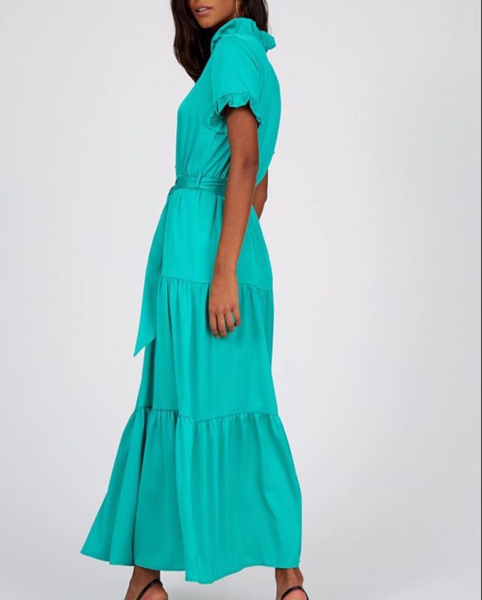 γυναικείο κοντομάνικο μάξι φόρεμα πετρόλ με ζώνη στην μέση