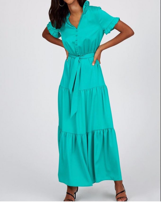 γυναικείο κοντομάνικο μάξι φόρεμα πετρόλ με ζώνη στην μέση