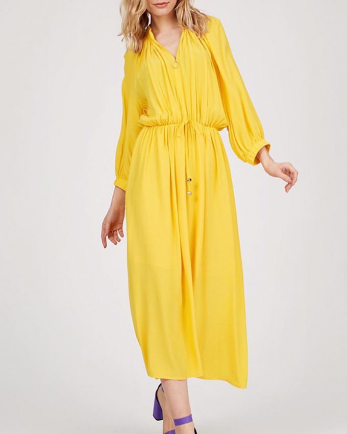 Γυναικείο μίντι μακρύ φόρεμα σε ίσια γραμμή με σούρε σε κίτρινο χρώμα σε φαρδιά γραμμή αέρινο