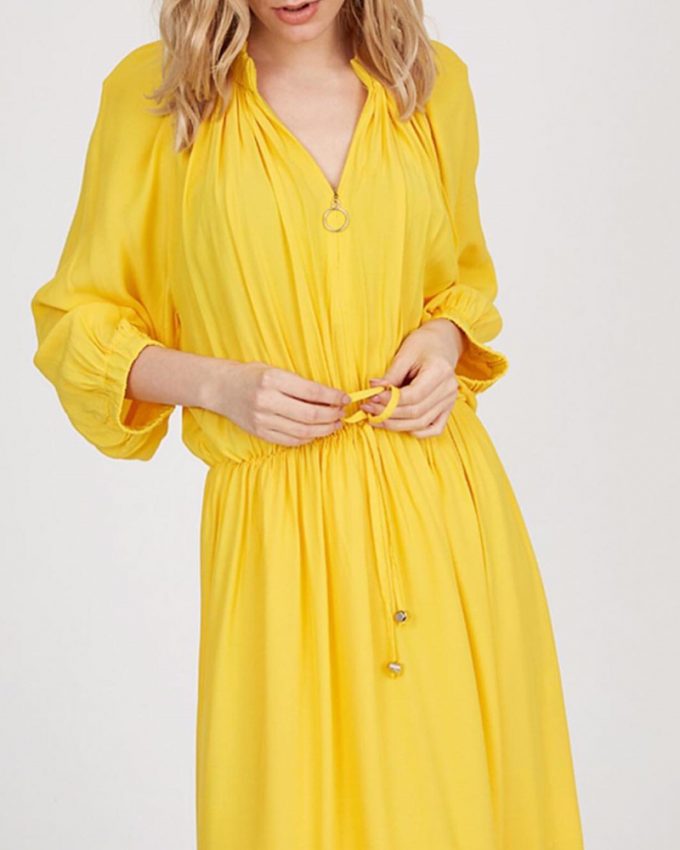 Γυναικείο φόρεμα μάξι με σούρες λάστιχο στα μανίκια και ζώνη στην μέση πολύ άνετο και αέρινο σε κίτρινο