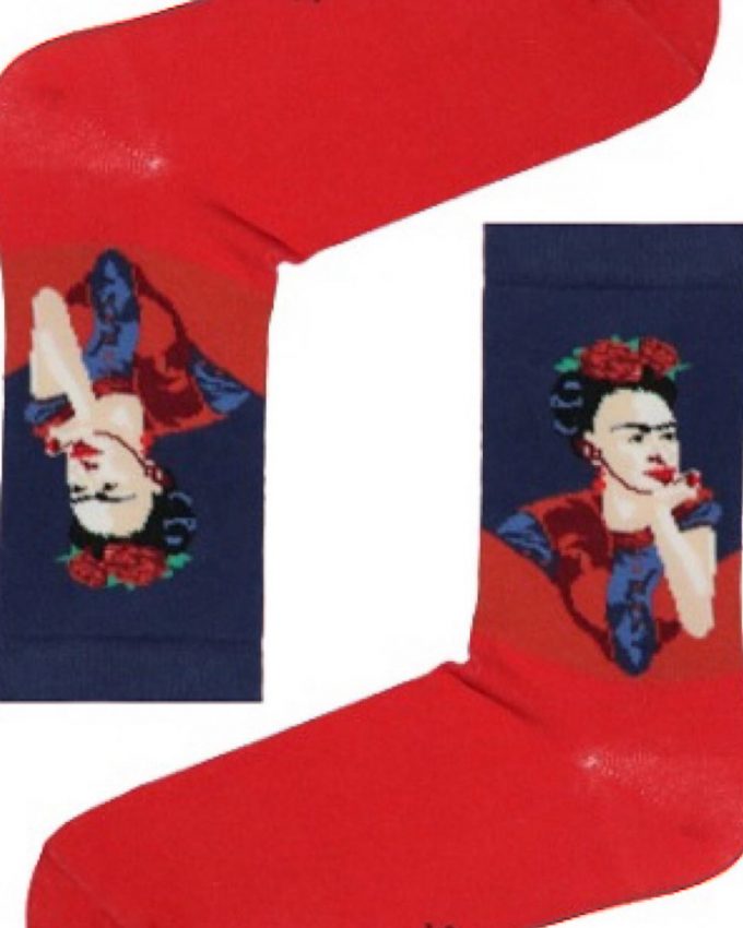 Γυναικείες βαμβακερές ημίκοντες αθλητικές κάλτσες άνετες σε συνδυασμό κόκκινο και σκούρο μπλε με σχέδιο Frida