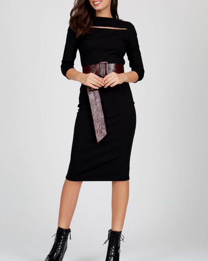 Γυναικείο μίντι μακρυμάνικο κολλητό φόρεμα σε μαύρο χρώμα με μπορντό ζώνη πολύ άνετο με τέλεια εφαρμογή