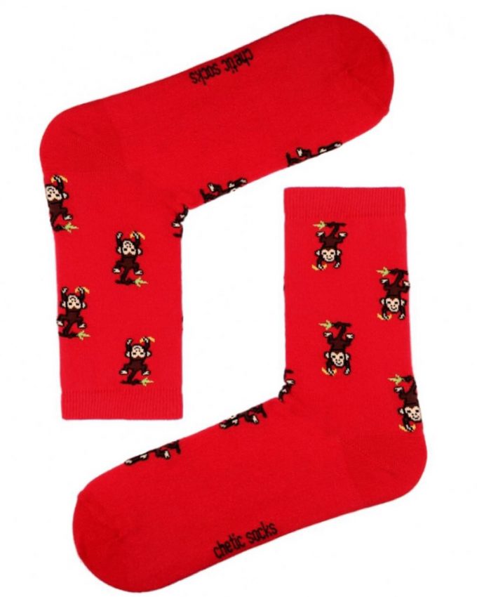Γυναικείες ψηλές βαμβακερές πολύ άνετες και πρακτικές κάλτσες σε κόκκινο χρώμα με σχέδιο μαϊμουδάκια