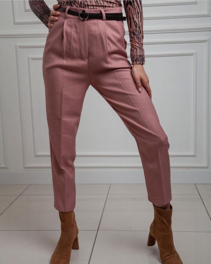 Ψηλόμεσο γυναικείο παντελόνι μέχρι τον αστράγαλο σε φαρδιά γραμμή με ζώνη σε μπλε σκούρο και σε ροζ χρώμα