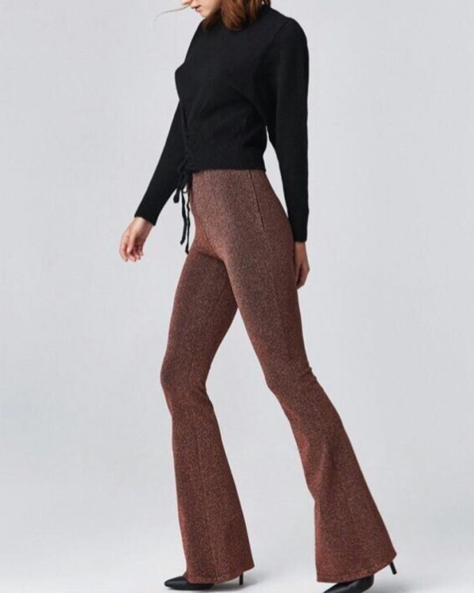 Γυναικείο λαμπερό ψηλόμεσο αμπιγιέ παντελόνι καμπάνα με λάστιχο στην μέση σε εντυπωσιακό χρώμα μπρονζέ