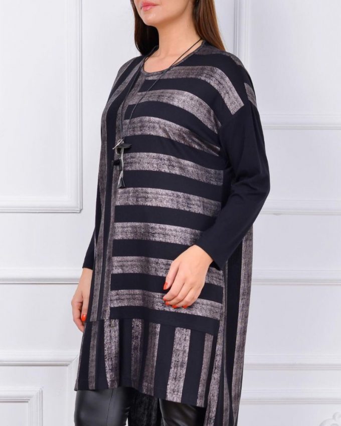 Γυναικείο μακρυμάνικο μπλουζοφόρεμα μέχρι το γόνατο σε μεγάλα μεγέθη με σχέδιο ρίγες σε μαύρο και ασημί χρώμα