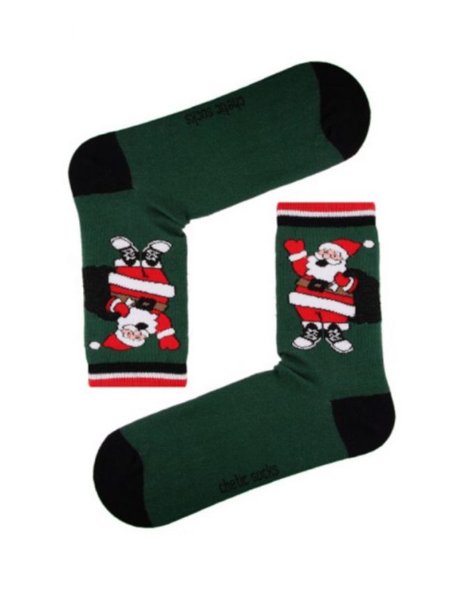 Γυναικείες Χριστουγεννιάτικες ημίκοντες βαμβακερές άνετες κάλτσες σε σκούρο πράσινο χρώμα με σχέδιο Άγιο Βασίλη
