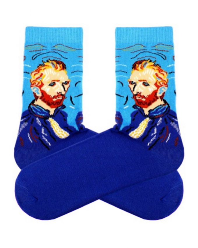 κάλτσες γυναικείες ψηλές βαμβακερές σε συνδυασμό γαλάζιο και μπλε χρώμα με σχέδιο πίνακα ζωγραφικής Van Gogh Portrait