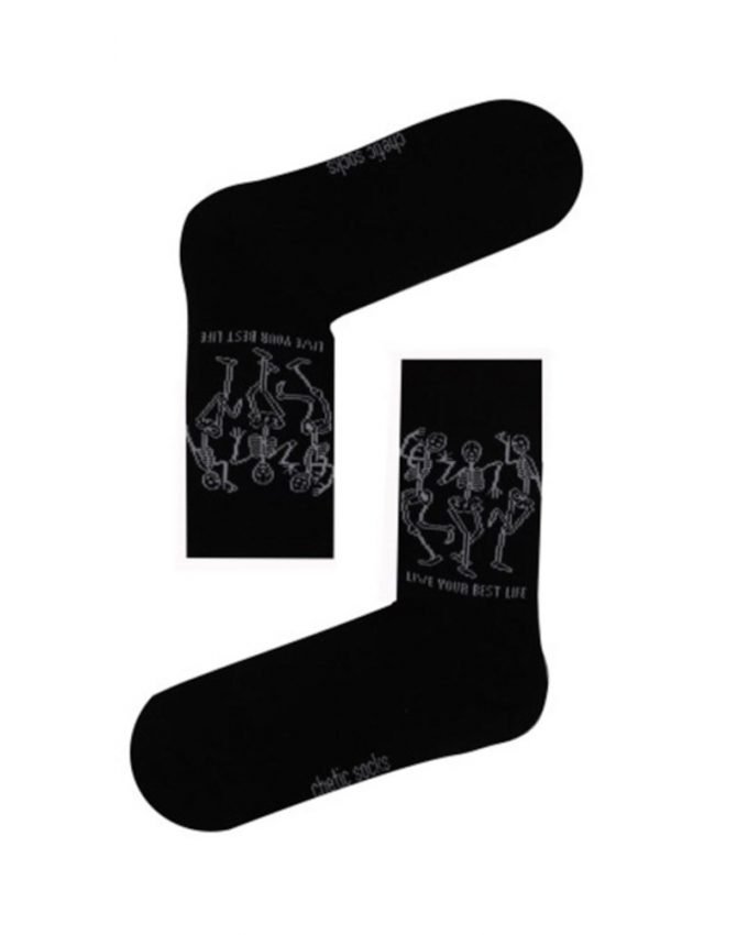 Γυναικείες ημίκοντες βαμβακερές κάλτσες σε μαύρο με σχέδιο τρεις σκελετούς που χορεύουν και φράση live your best life
