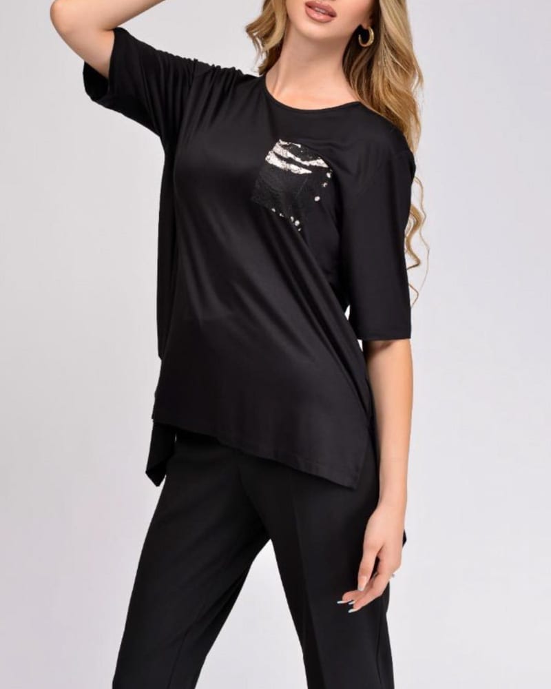 SOU Γυναικεία κοντομάνικη μπλούζα με δαντέλα Bigsize 95% βισκοζη