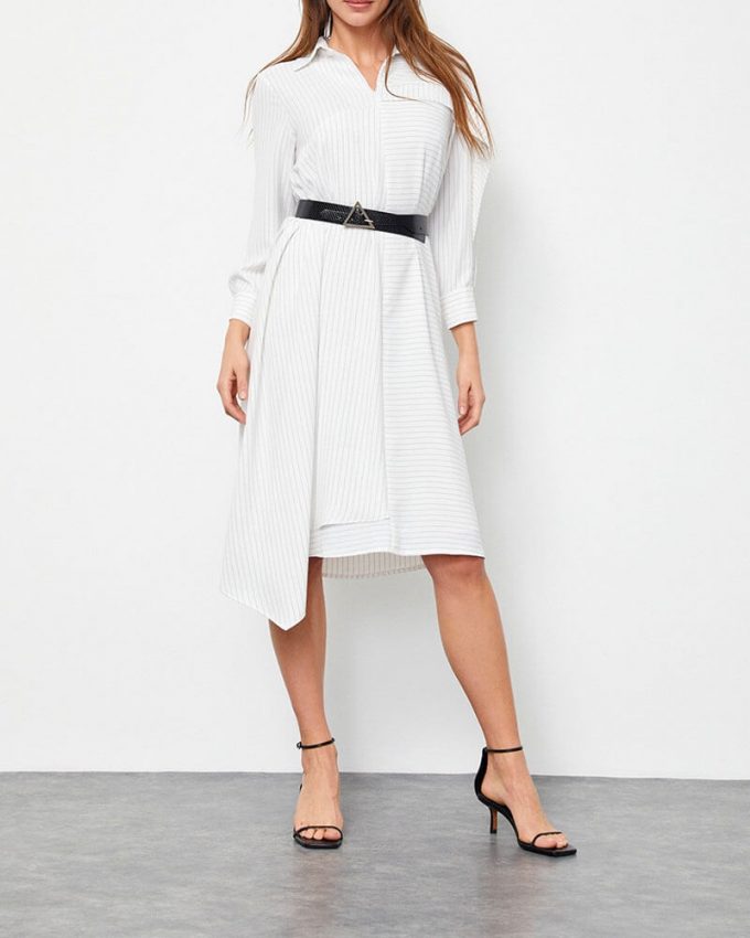 γυναικείο μίντι ασύμμετρο φόρεμα λευκό ριγέ με δαντέλα