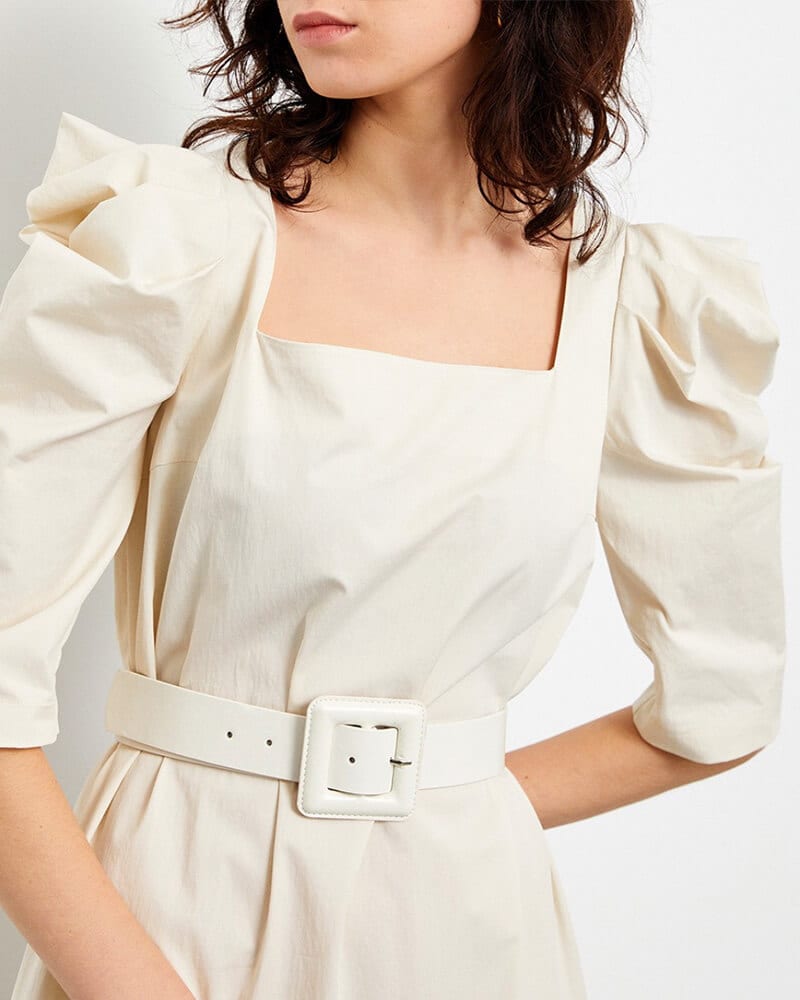Midi γυναικείο φόρεμα μπεζ-καφε colour block με ζώνη 45% βαμβάκι