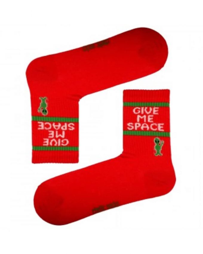 Γυναικείες βαμβακερές ψηλές κάλτσες σε κόκκινο χρώμα με σχέδιο Give Me Space Alien πολύ ζεστές και άνετες