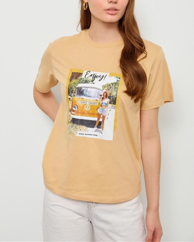 Γυναικείο t-shirt με σχέδιο Enjoy-μπεζ 100% βαμβακέρο