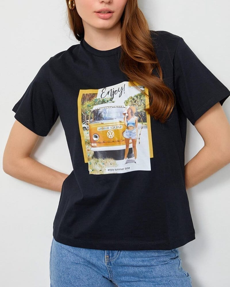 Γυναικείο t-shirt με σχέδιο Enjoy-μαύρο 100% βαμβακέρο