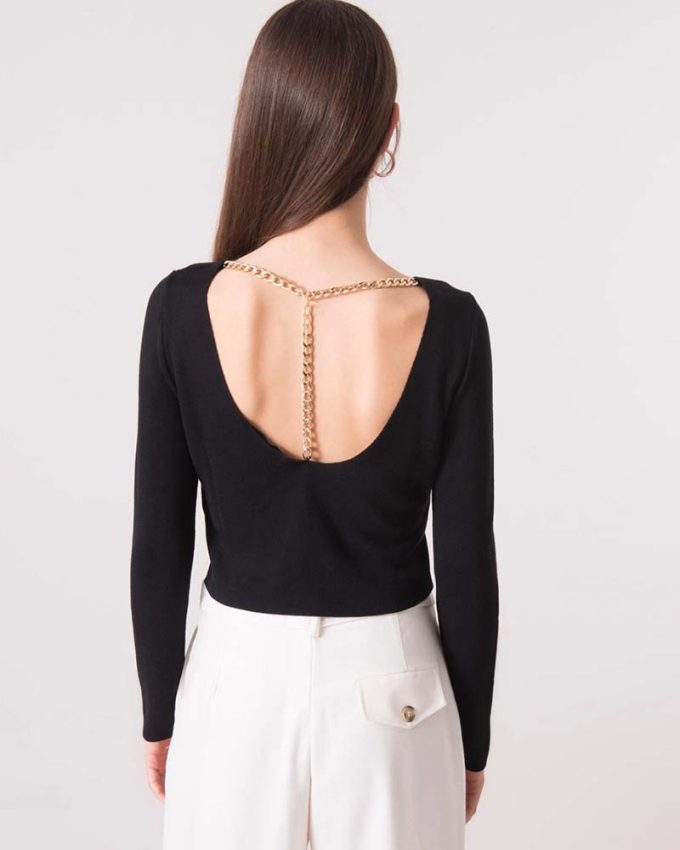 μαύρη γυναικεία μπλούζα με άνοιγμα και αλυσίδα στην πλάτη