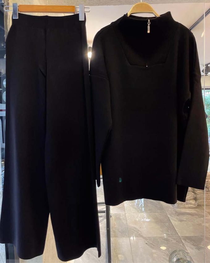 γυναικείο μαύρο πλεκτό σετ πουλοβεράκι με ψηλό γιακά φερμουάρ