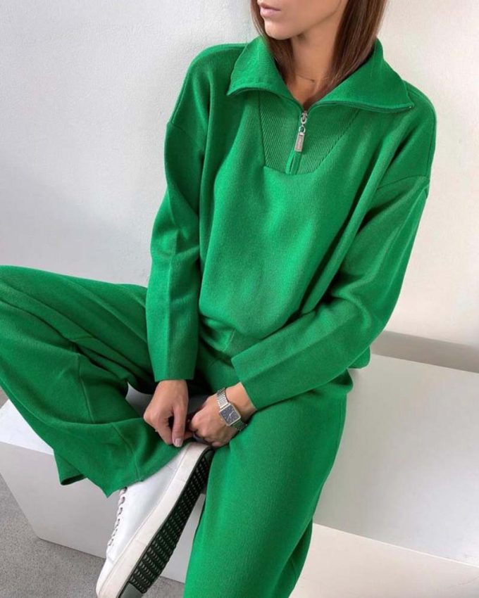 γυναικείο πράσινο πλεκτό σετ πουλοβεράκι με ψηλό γιακά φερμουάρ
