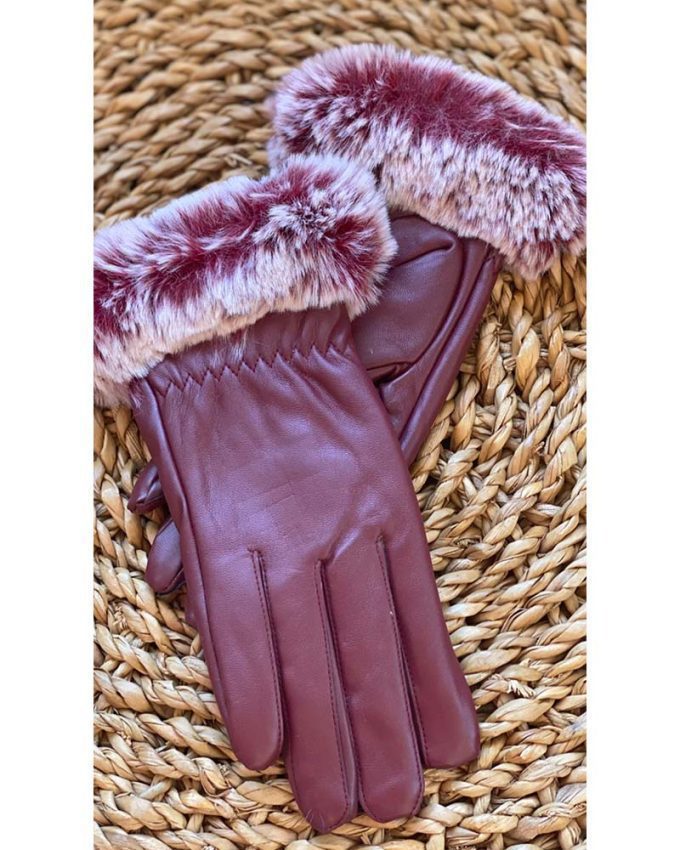 γυναικεία μοβ δερμάτινα γάντια με γουνάκι
