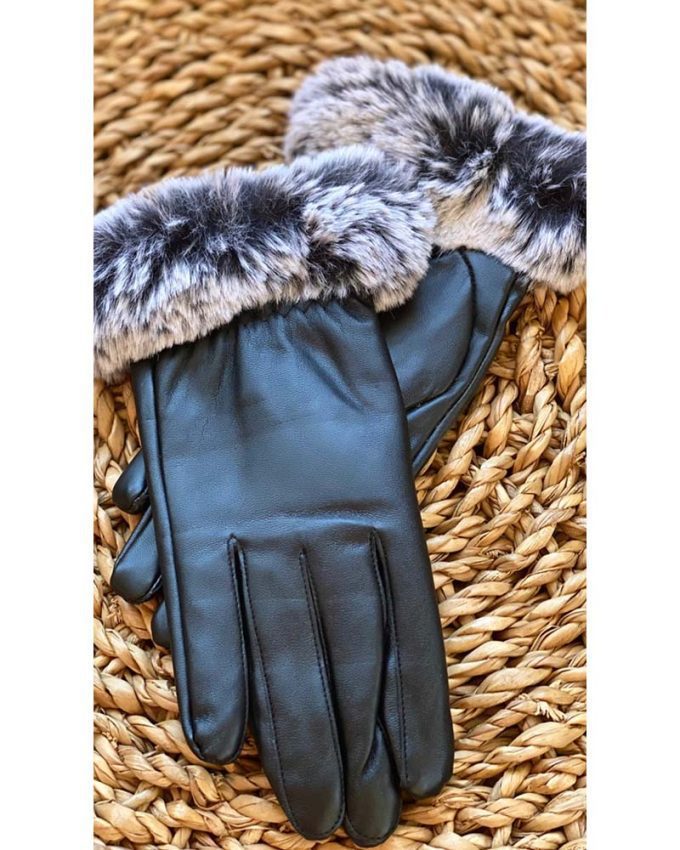 γυναικεία μαύρα δερμάτινα γάντια με γουνάκι