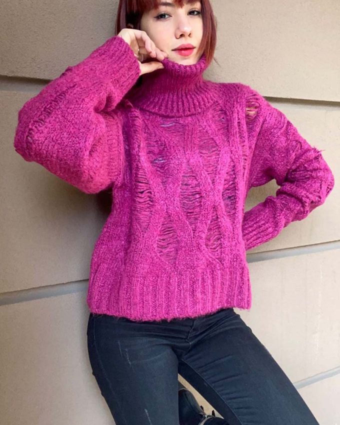 γυναικείο πουλόβερ με φερμουάρ μακρυμάνικο μοβ