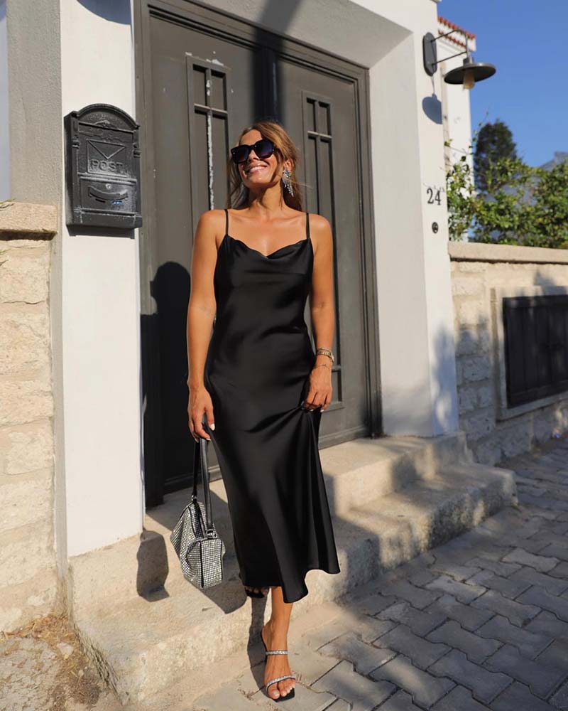 Olia γυναικείο σατέν φόρεμα μαυρο 100% πολυεστερ