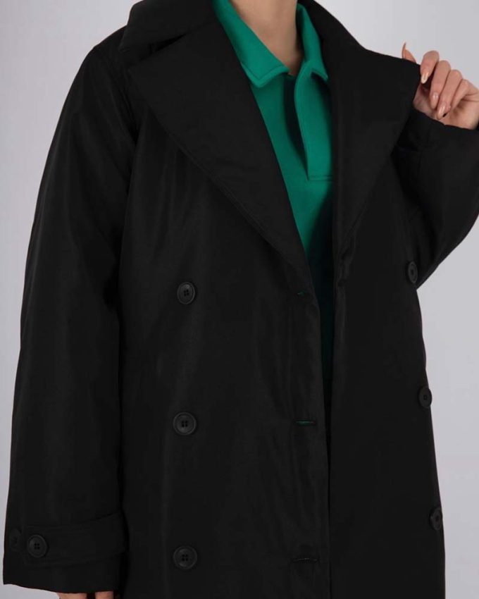 γυναικείο παλτό μαύρο με κουμπιά και ζώνη με γιακά