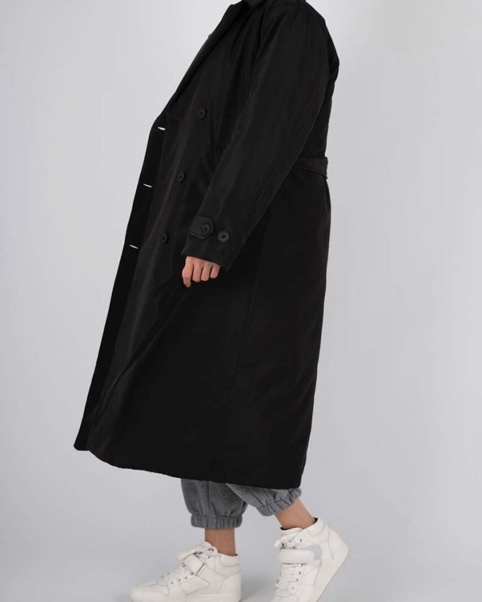 γυναικείο παλτό μαύρο με κουμπιά και ζώνη σε φαρδιά γραμμή