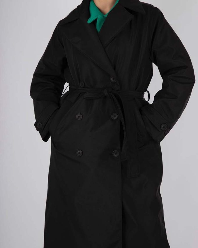γυναικείο παλτό μαύρο με κουμπιά και ζώνη