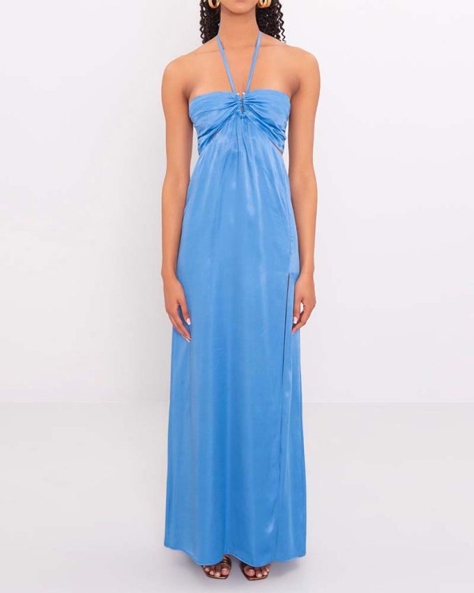 Γαλάζιο γυναικείο φόρεμα καλοκαιρινό με σκίσιμο στο πόδι
