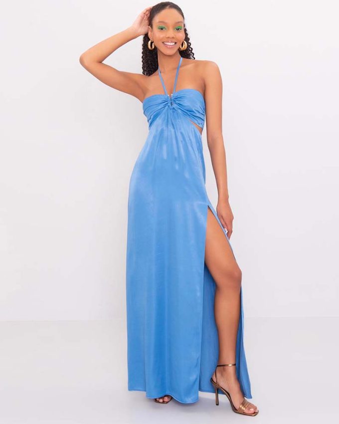 Γαλάζιο γυναικείο φόρεμα καλοκαιρινό με σκίσιμο στο πόδι