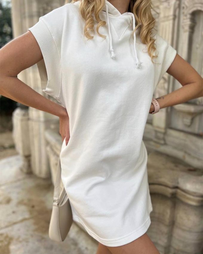 γυναικείο λευκό ολόσωμο κοντομάνικο μπλουζοφόρεμα με κουκούλα