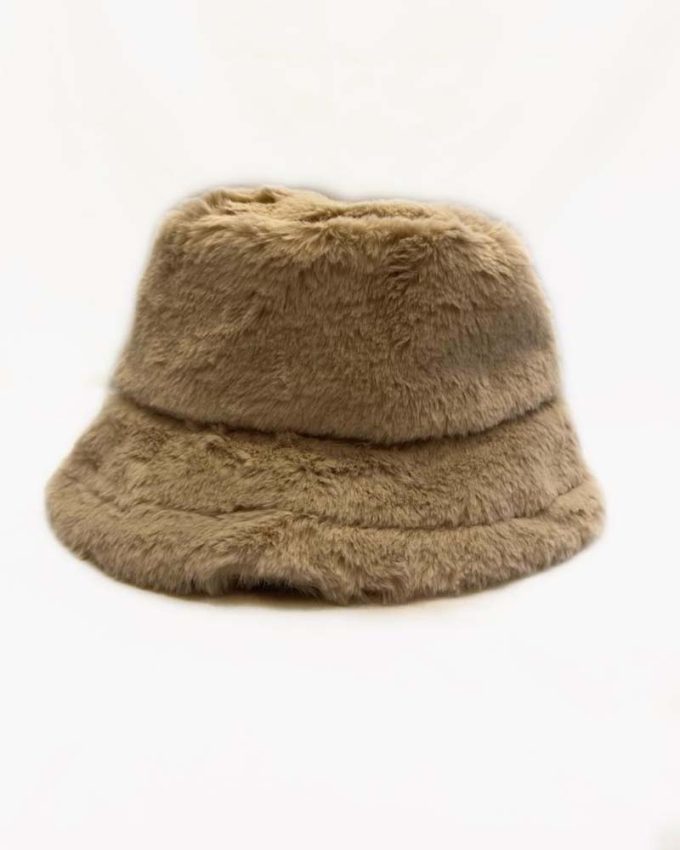 γυναικείο χειμωνιάτικο καπέλο bucket με γούνα σε μπεζ χρώμα