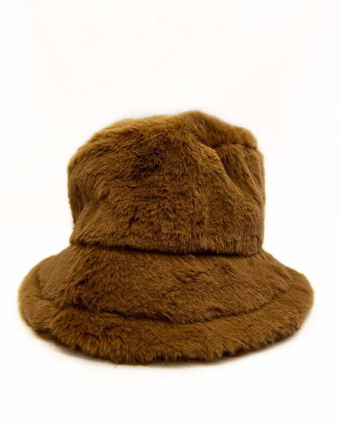 γυναικείο χειμωνιάτικο καπέλο bucket με γούνα σε κάμελ χρώμα
