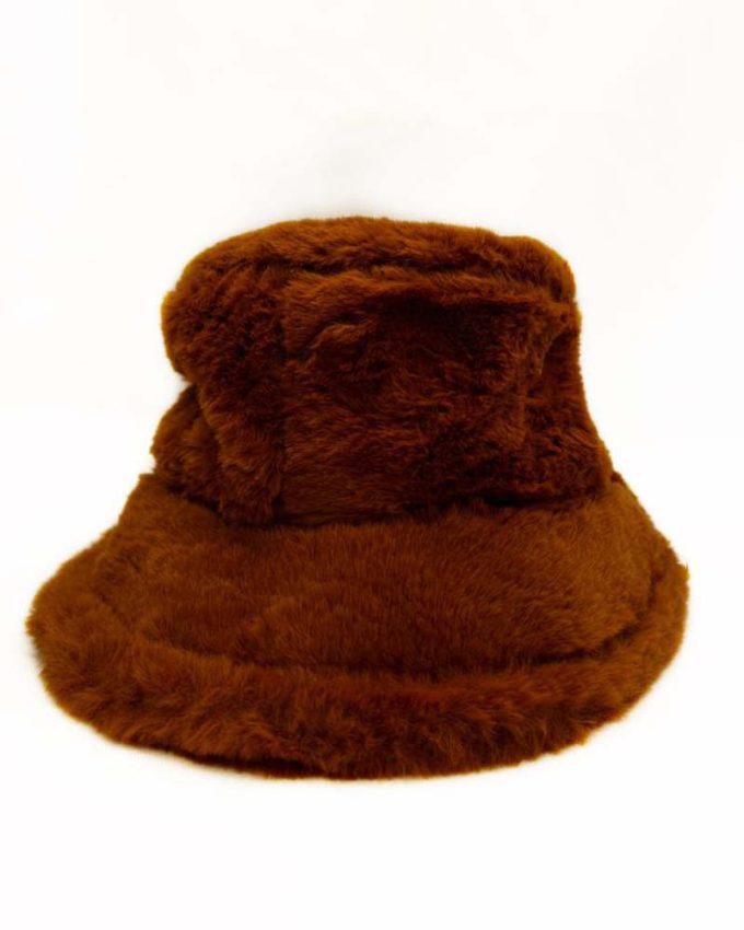 γυναικείο χειμωνιάτικο καπέλο bucket με γούνα σε κεραμιδί χρώμα