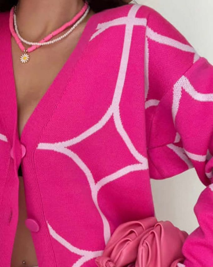 γυναικεία ροζ πλεκτή oversized ζακέτα με κουμπιά