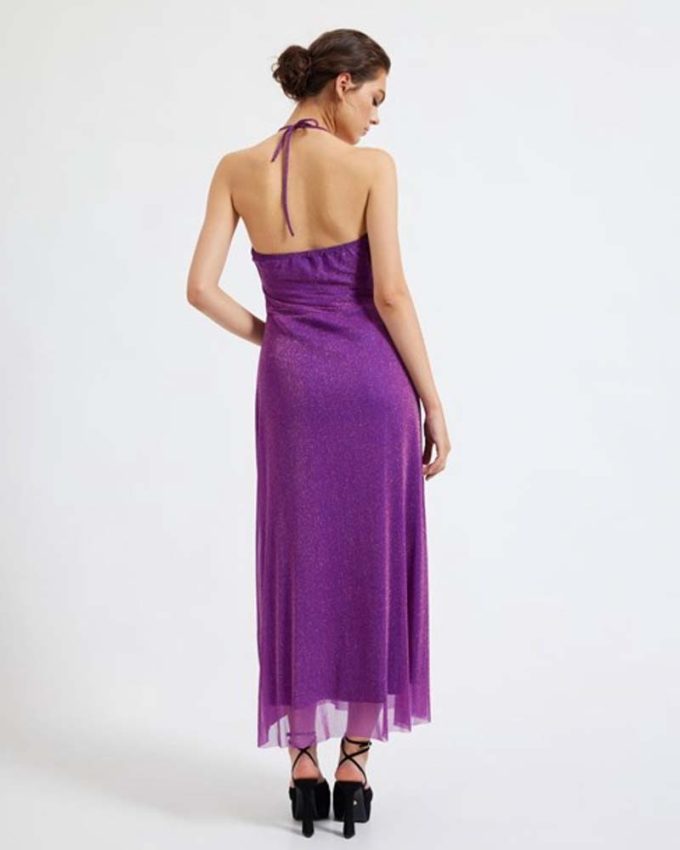 γυναικείο επίσημο βραδινό φόρεμα με ανοιχτή πλάτη σε μωβ χρώμα