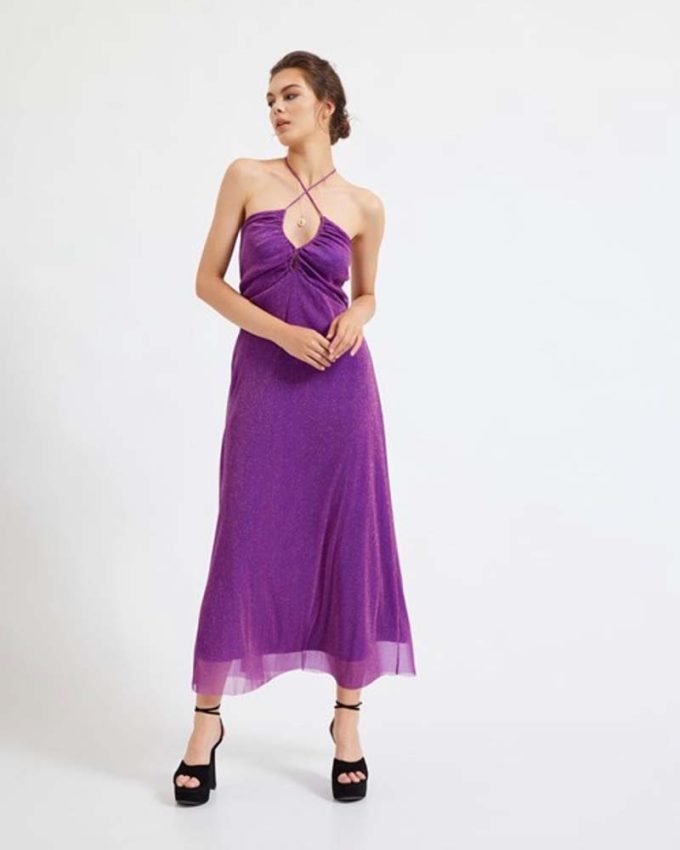 γυναικείο επίσημο βραδινό φόρεμα με ανοιχτή πλάτη σε μωβ χρώμα