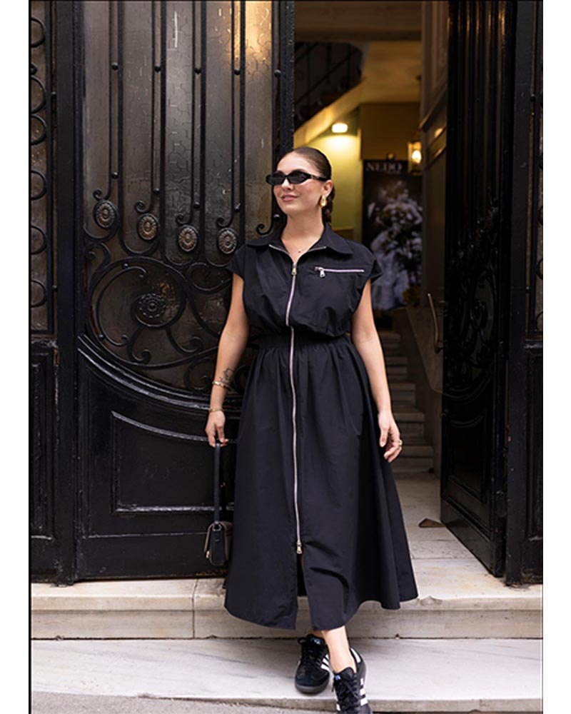 ARYA γυναίκειο φόρεμα με φερμουάρ κ λάστιχο στη μεση (μαύρο) 80% βαμβάκι