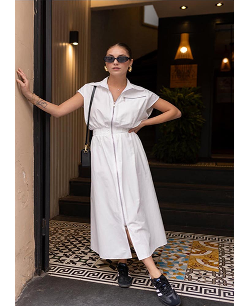 ARYA γυναίκειο φόρεμα με φερμουάρ κ λάστιχο στη μεση (λεύκο) 80% βαμβάκι